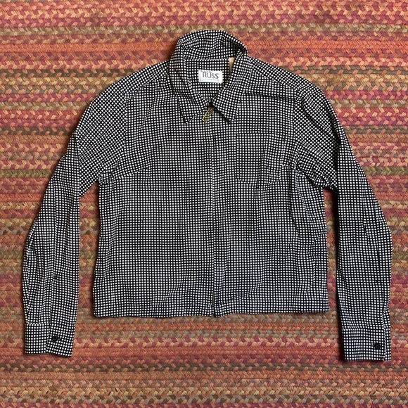 VINTAGE RUSS LIZ CLAIBORNE BLACK & WHITE GRID PRINT CHECKERED SHIRT JACKET - Picture 1 of 5